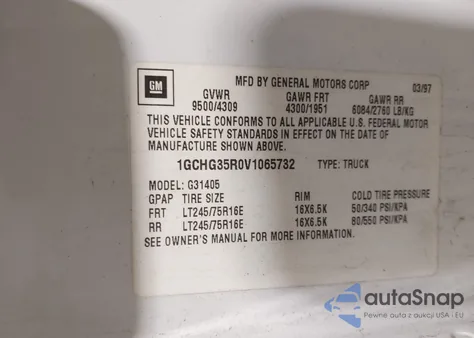 1997 Chevrolet Chevy Van z USA, uszkodzony, nr VIN 1GCHG35R0V1065732